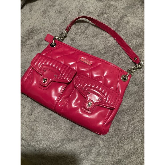 Coach Shoulder Bag Womens Poppy Quilted Patent Leather Handbag Pockets Purse - Picture 1 of 9